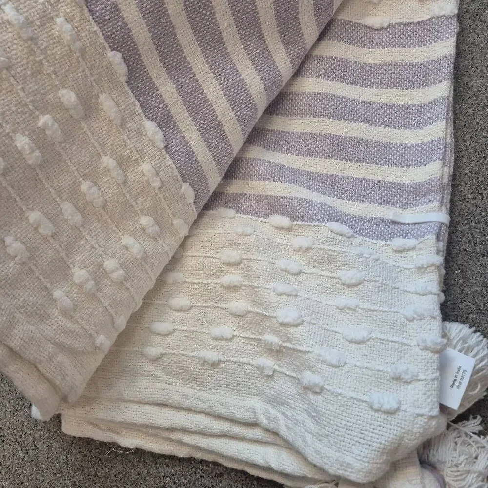 Magaschoni Boho Tufted Striped Throw Blanket 50x60 Lavender Cream Tassels NEW
